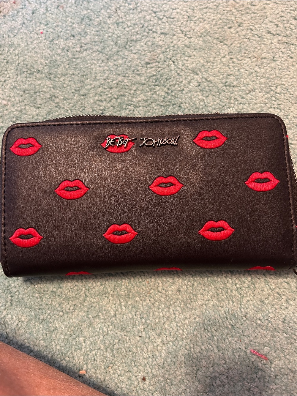 Betsey Johnson Black Wallet with Red Lip Appliqués